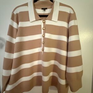 NWT Talbots Tan and White Striped Nautical Button Collared Knit Shirt